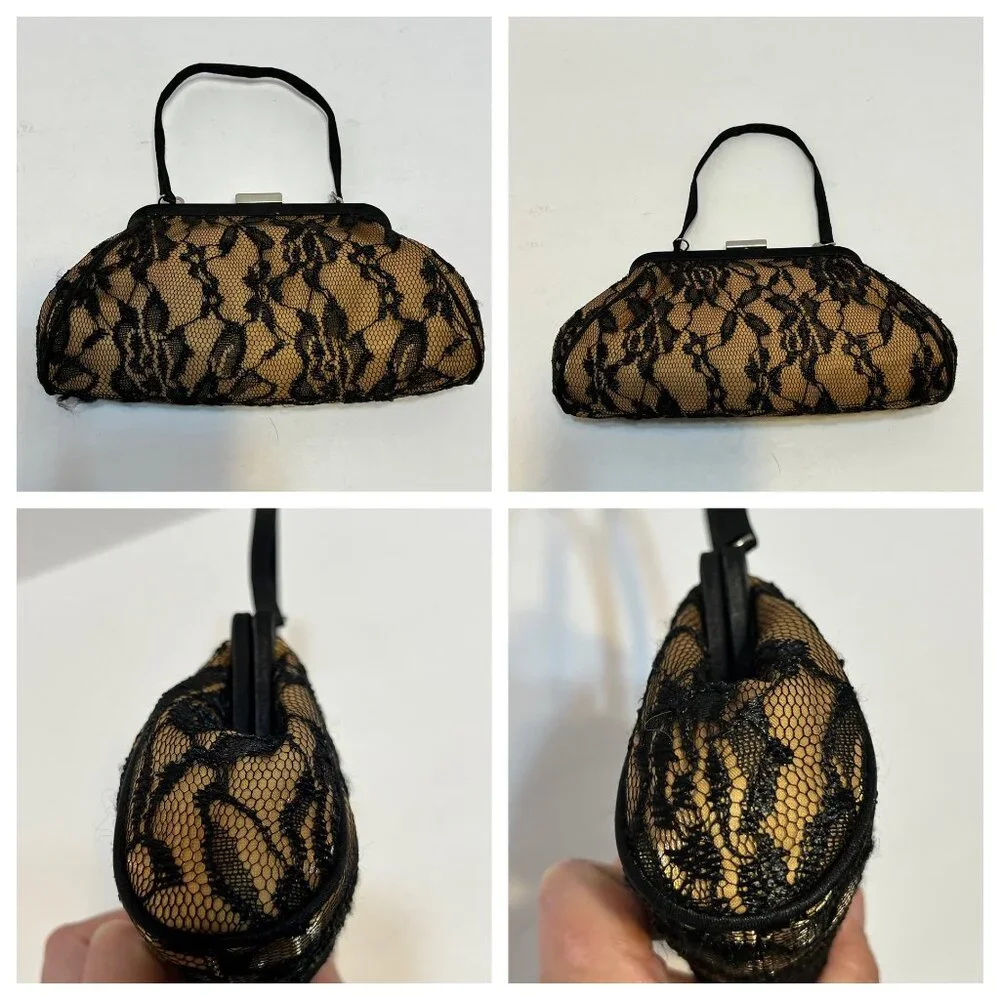 VTG Black Lace Overlay Gold Evening Clutch Handbag Elegant Metallic Kiss Clasp - Picture 8 of 16